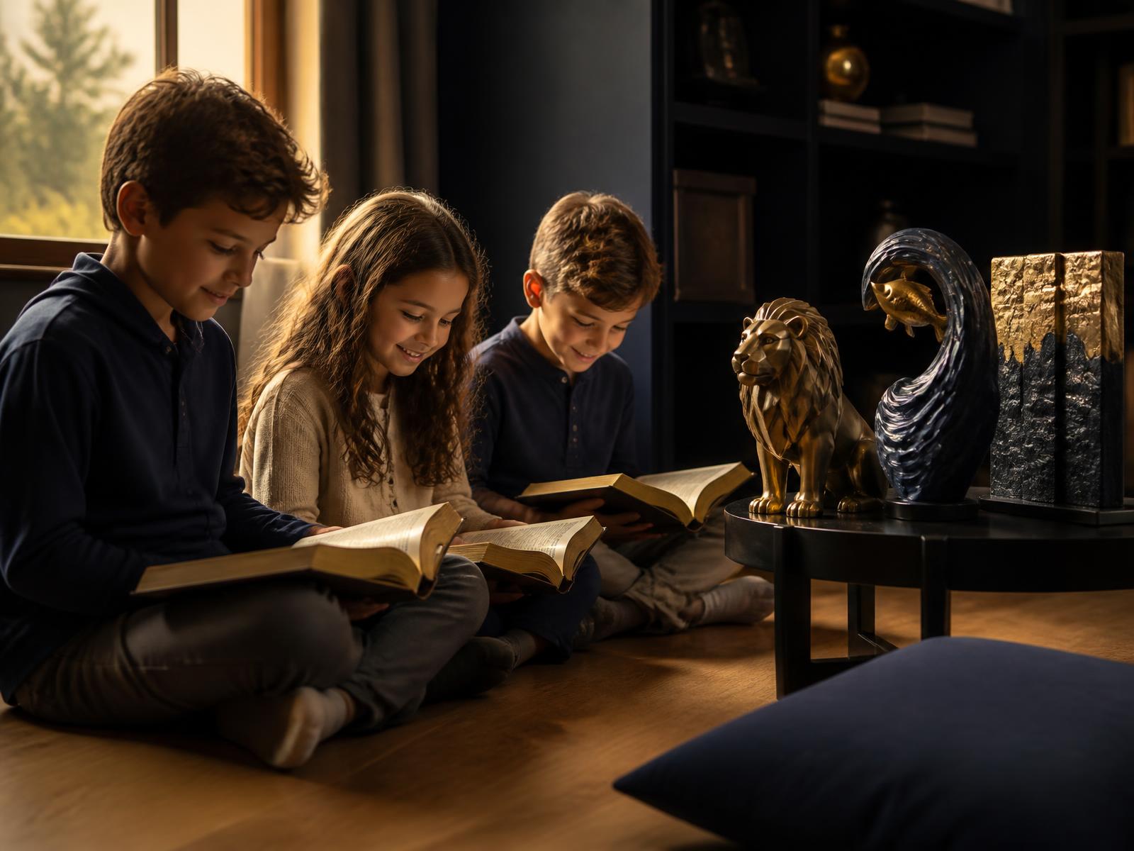 Children reading their Bibles beside earned Project Sixty Six collectibles