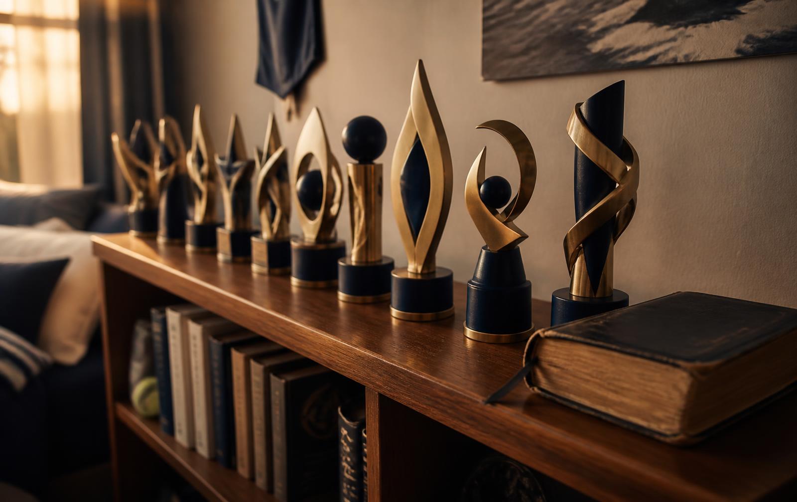 A teenager's shelf lined with earned Project Sixty Six collectibles beside a worn Bible